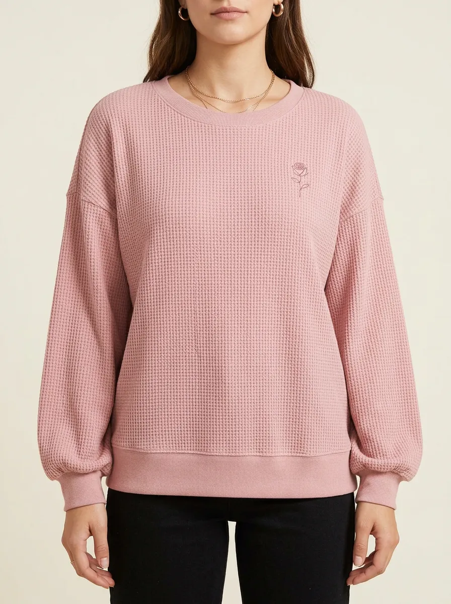 Women's Minimalist Rose Waffle Knit Printed Sweatshirt