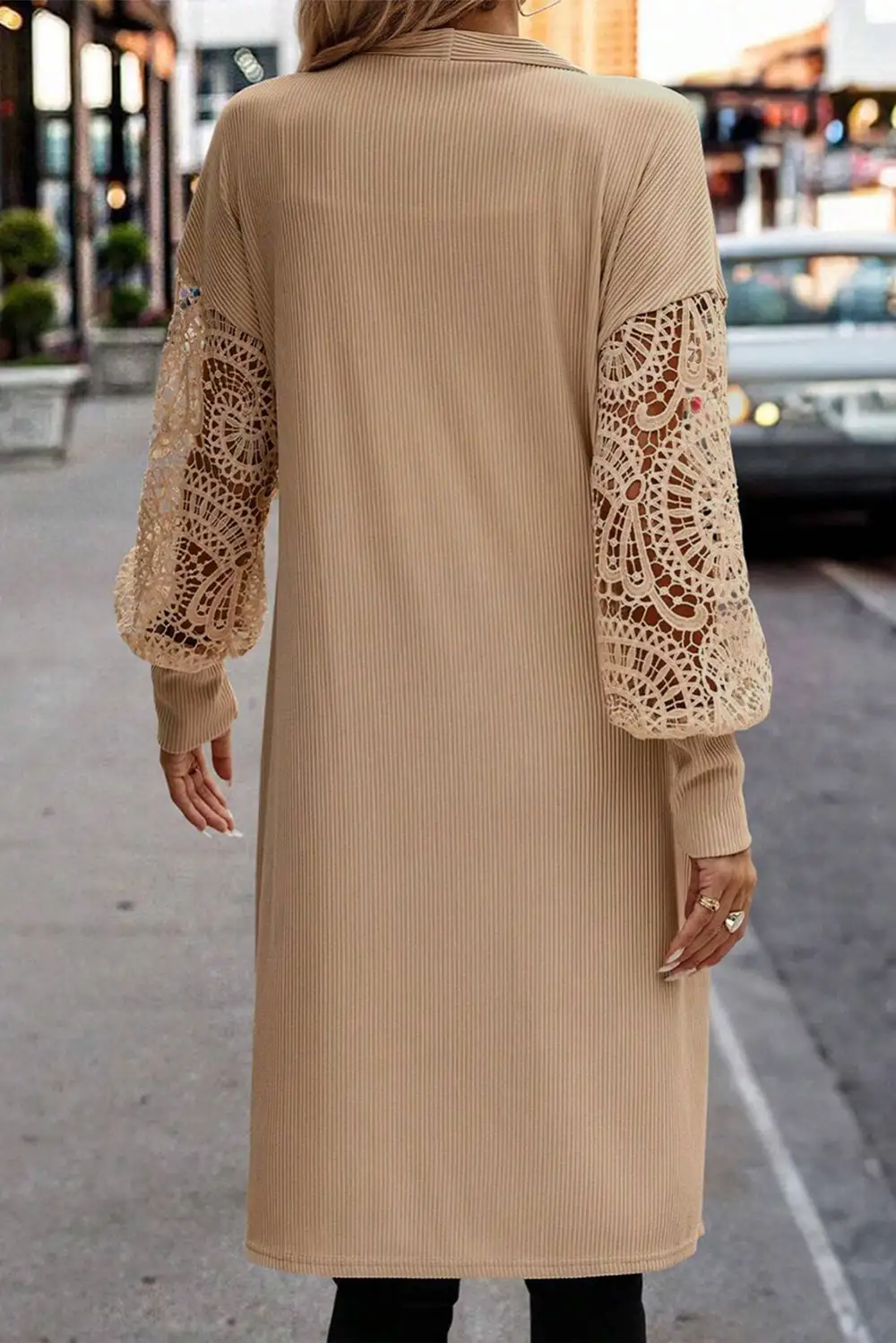 Lace Trim Ribbed Open Front Cardigan