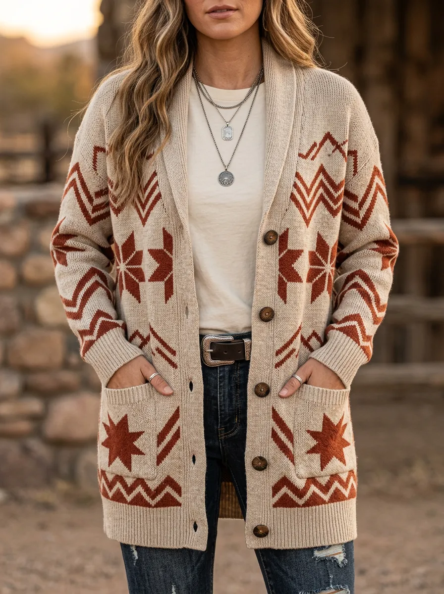 Women's Western Style Geometric Star Pattern Printed Cardigan