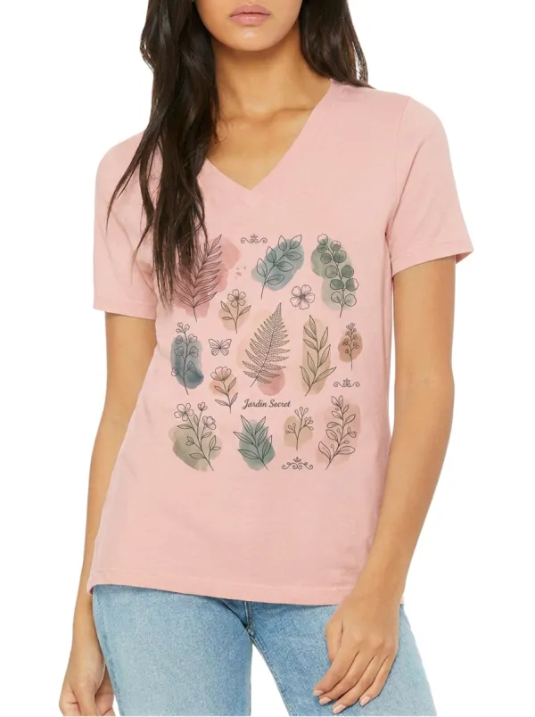 Women's Botanical Garden Jardin Secret Watercolor Printed V-neck T-shirt