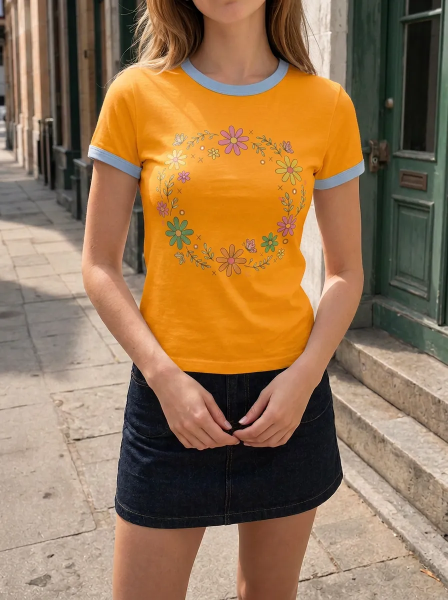Women's Retro Floral Wreath Butterfly Printed Ringer T-shirt