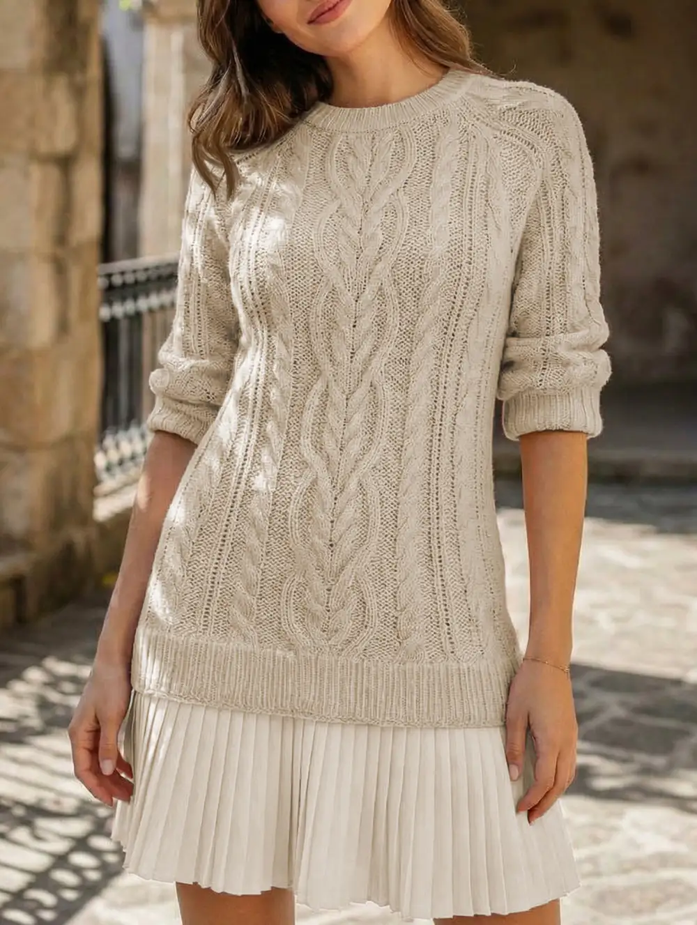 Cable Knit Chiffon Patchwork Mini Dress