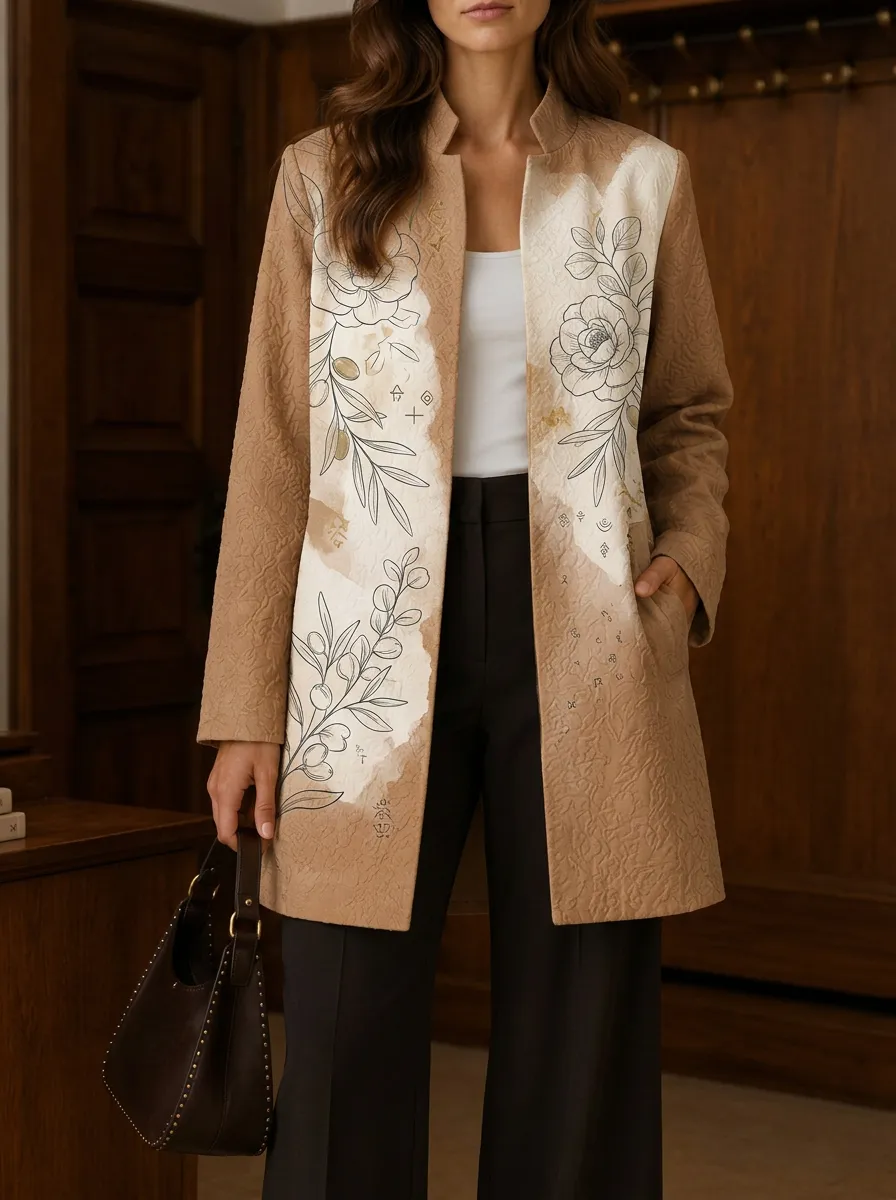 Women's Botanical Floral Art Printed Open Front Coat