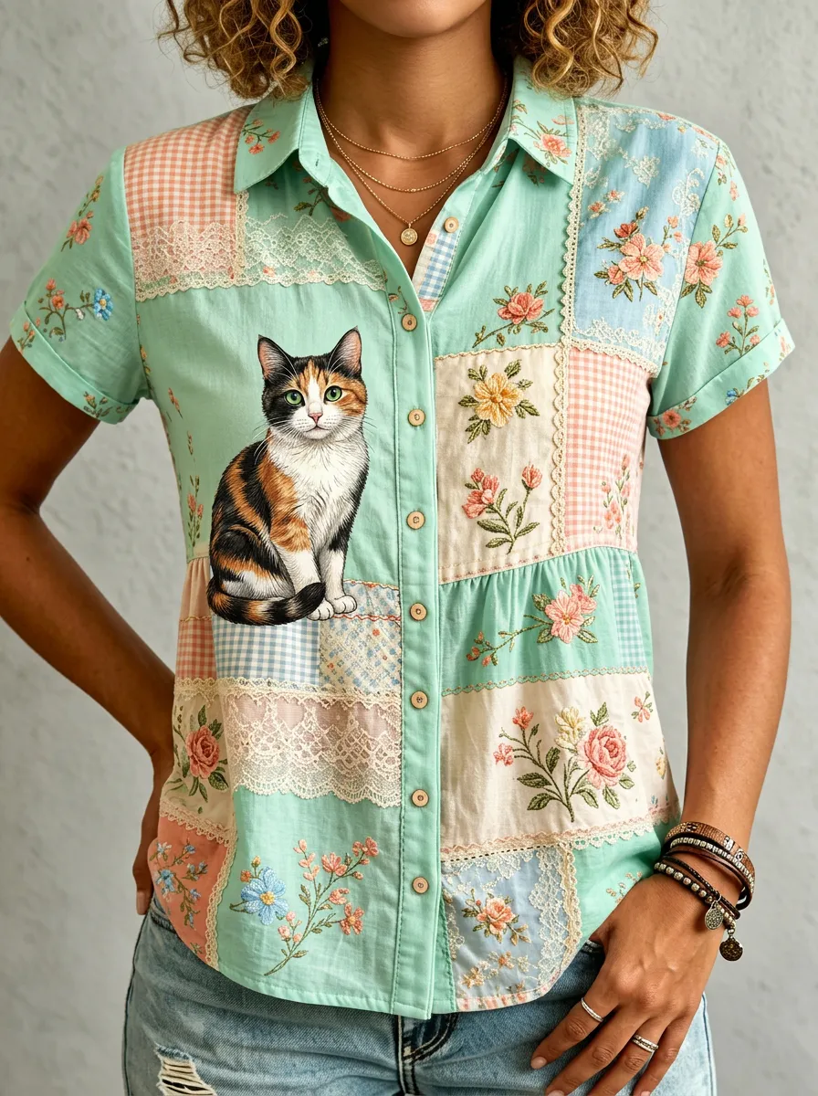 Women's Cat Lover Calico Cat Floral Patchwork Printed Cotton Linen Shirt