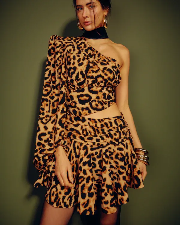 Vestido Animal One-Shoulder Mini Skirt Set