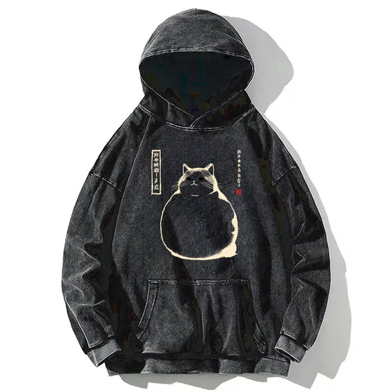 Woodblock Cat Washed Hoodie