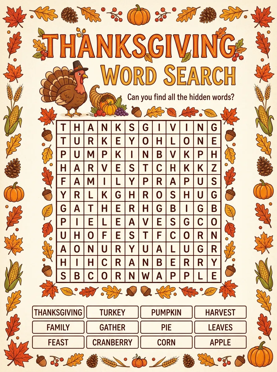 Kids Thanksgiving Turkey Pumpkin Search Game Poster
