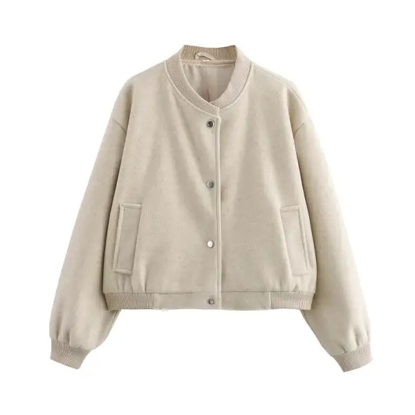 Cropped Velvet Touch Snap Front Ribbed Trim Bomber Jacket