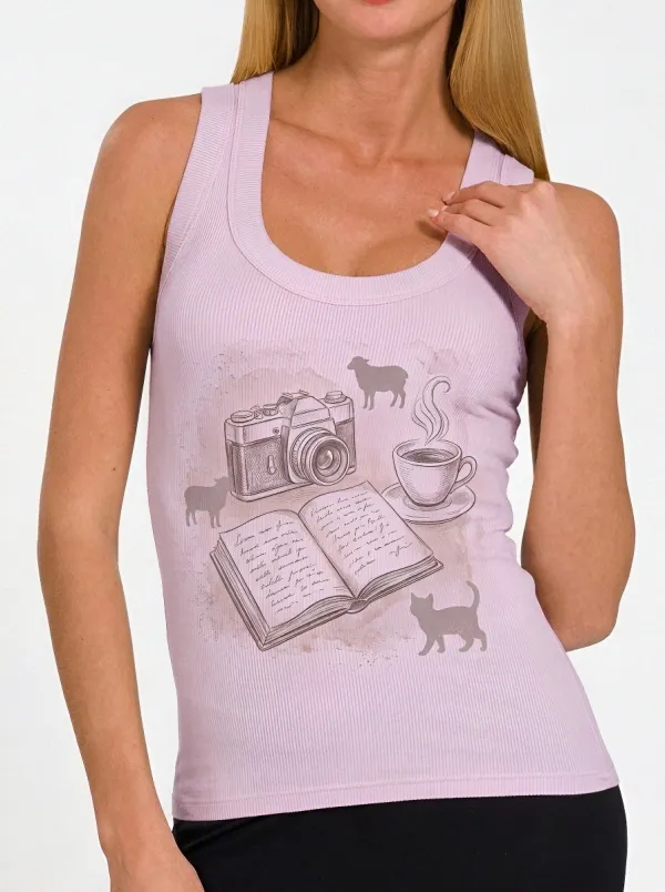 Women's Photography Book Coffee Cat Printed Tank Top