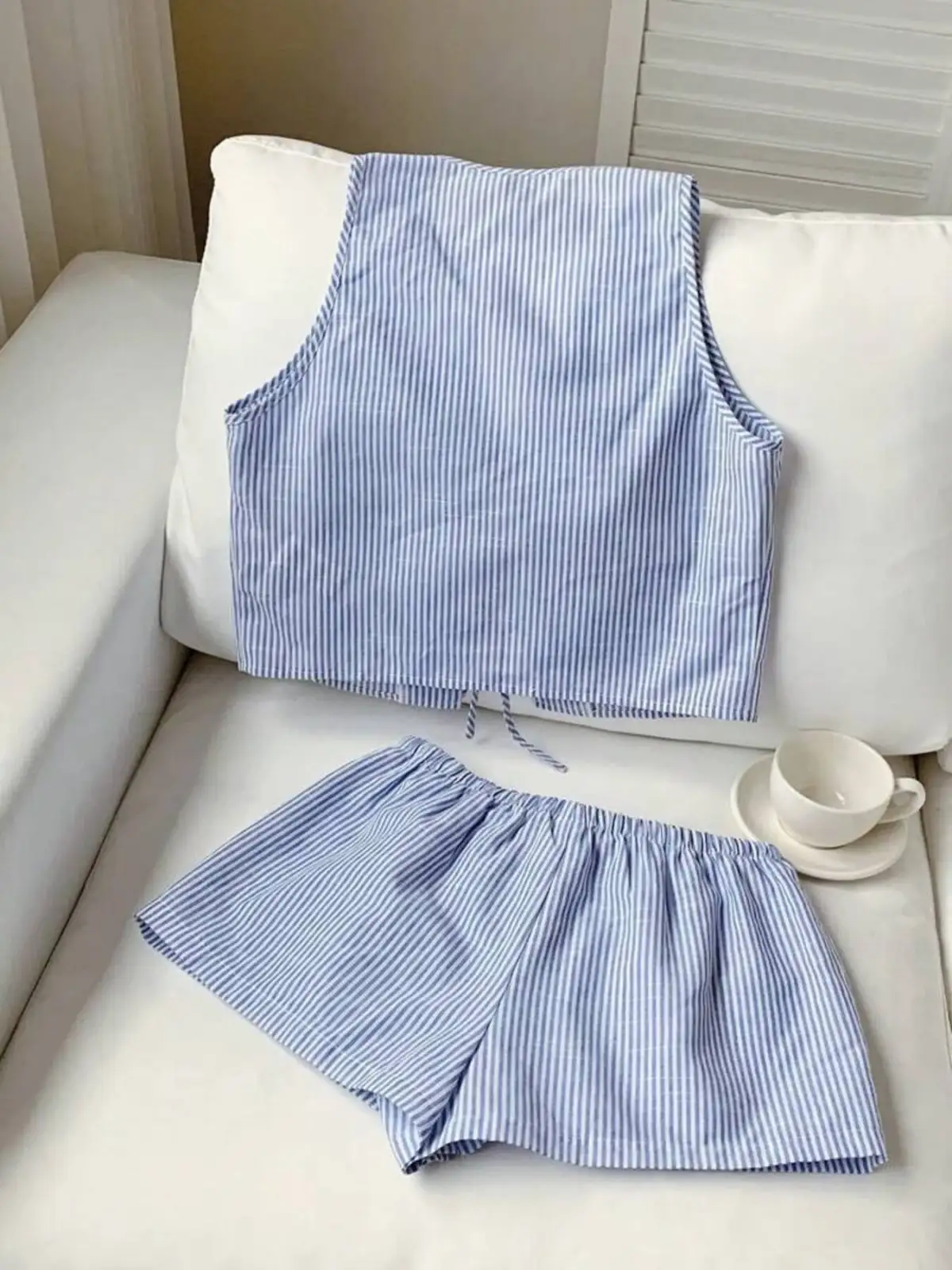 Drawstring Striped Vest and Shorts Matching Set