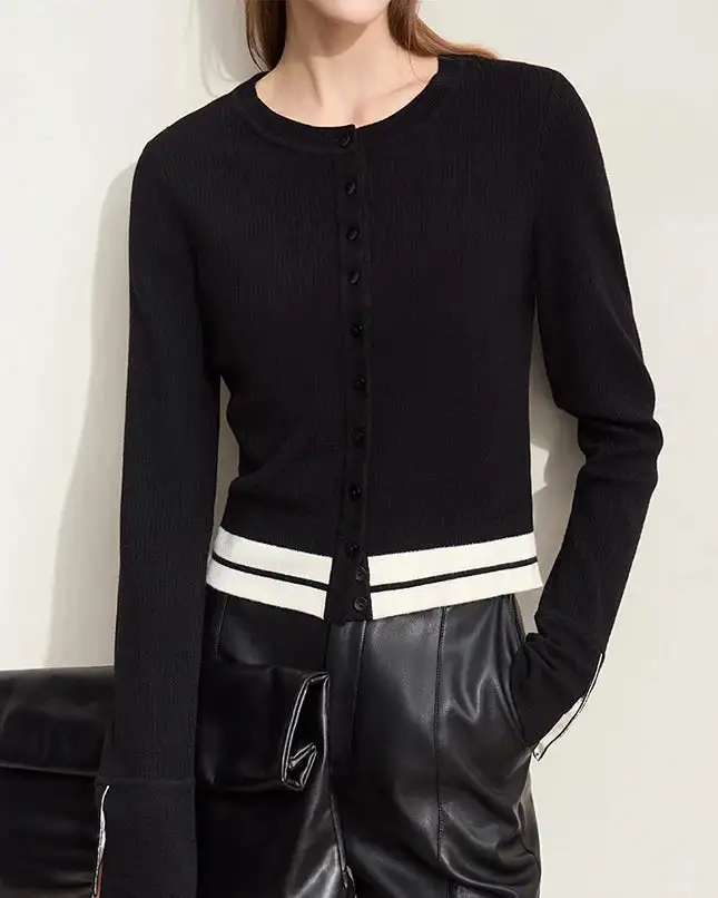 Wool Silk-Blend Button-Front Crew-Neck Cardigan