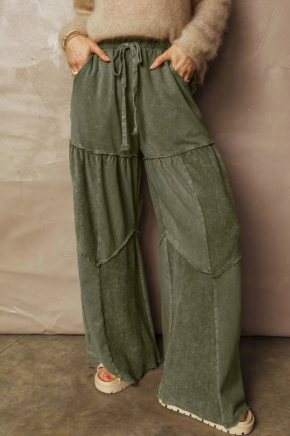 Drawstring Wide Leg Tiered Casual Pants