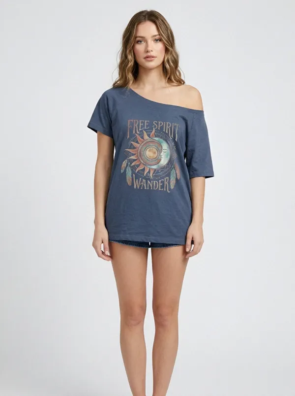 Women's Boho Free Spirit Sun Moon Feather Printed T-shirt