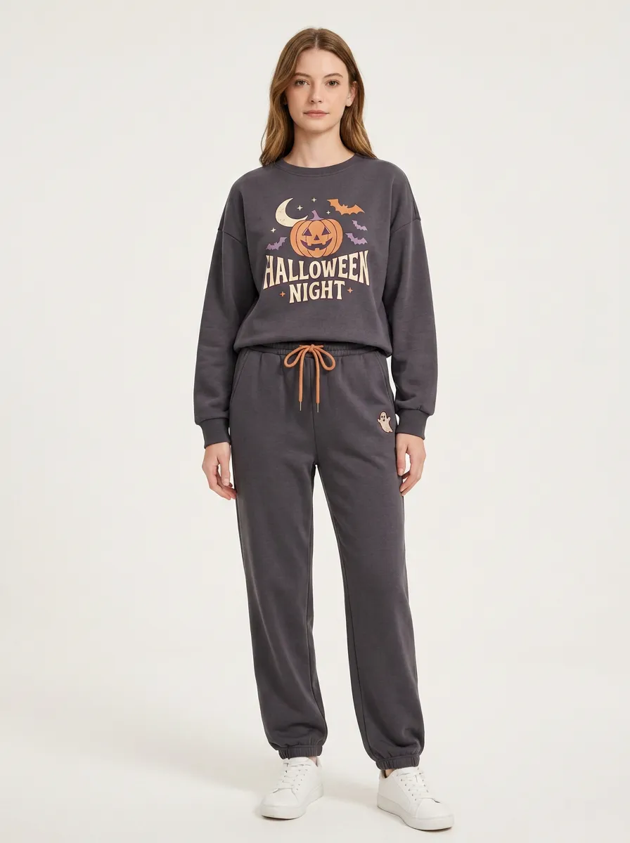 Women's Halloween Pumpkin Moon Bat Printed  Set