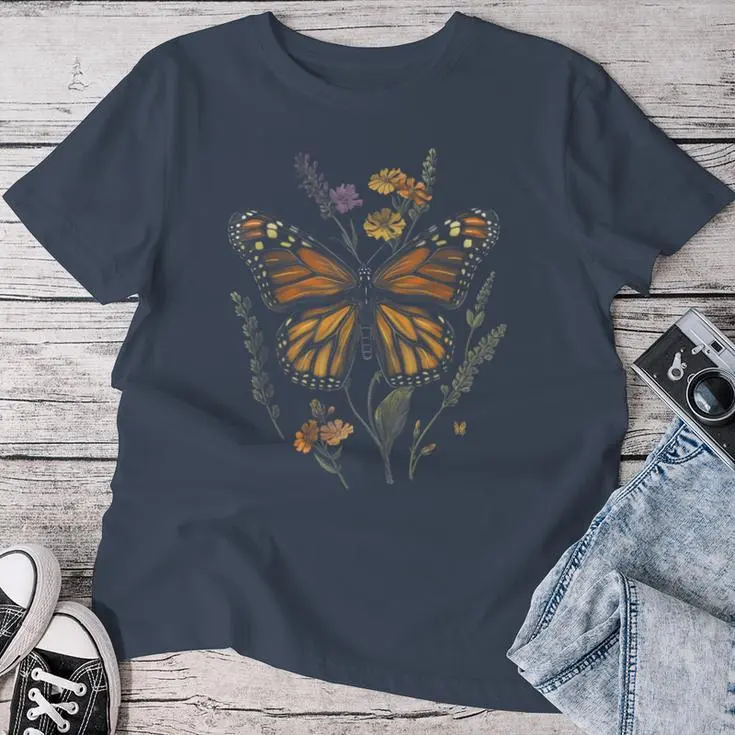 Vintage Monarch Butterfly Verbena Flower Women T-shirt