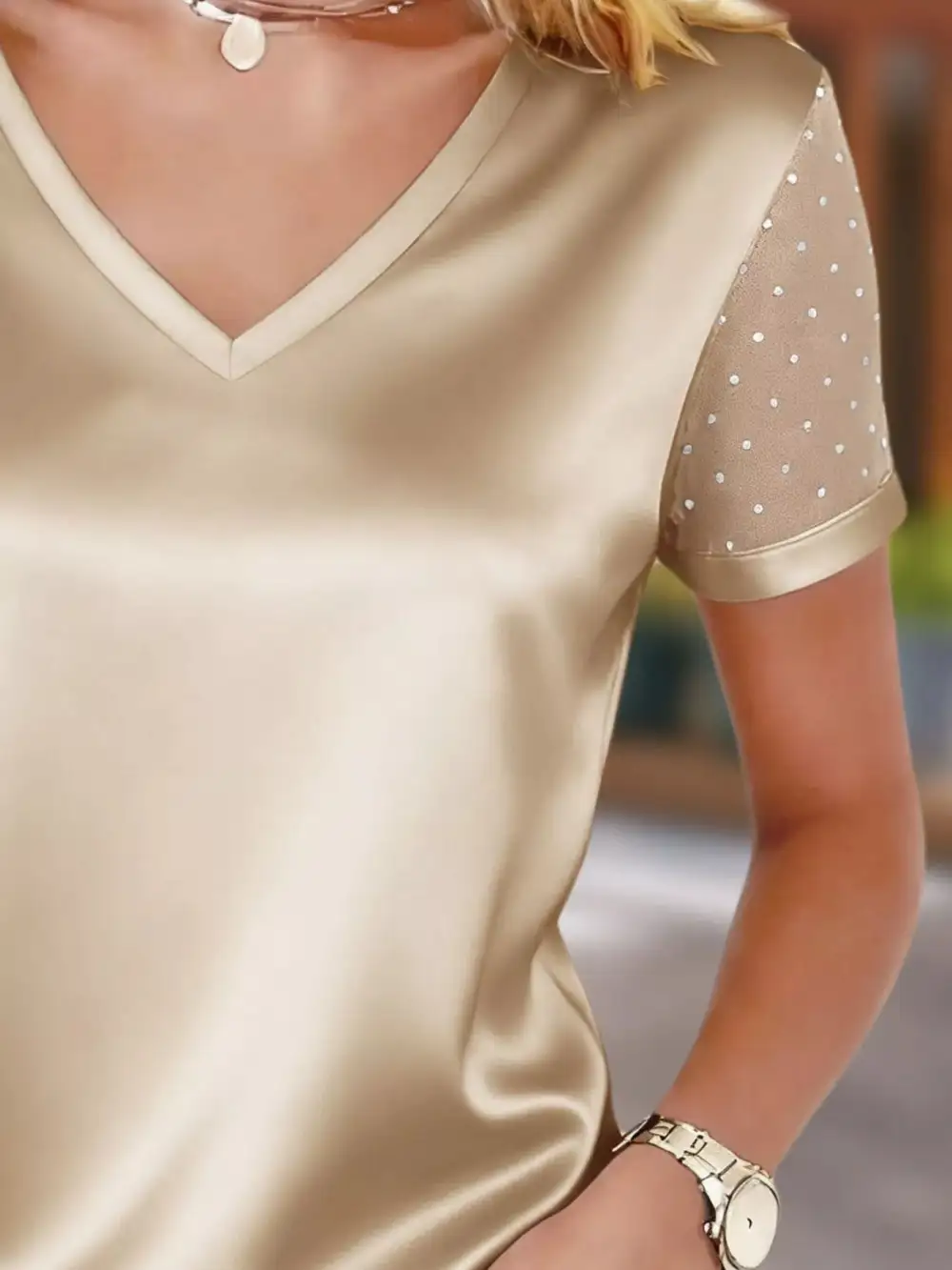Sheer Sleeve V Neck Top