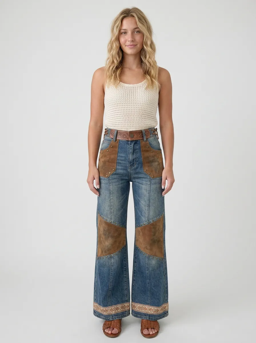 Women's Western Cowgirl Suede Patchwork Printed Wide Leg Jeans