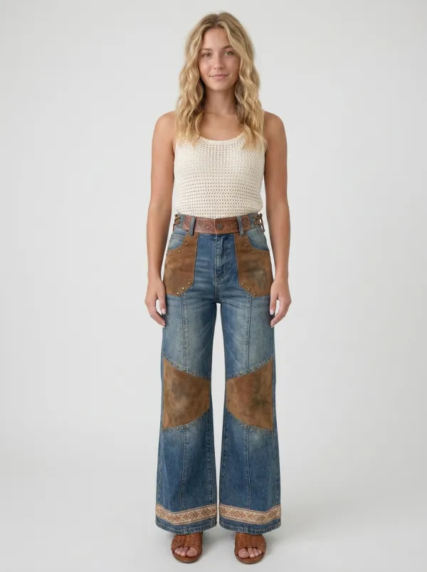 Women's Western Cowgirl Suede Patchwork Printed Wide Leg Jeans