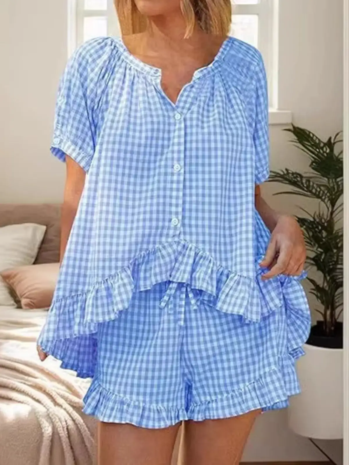 Refined Ruffled Top and Shorts Matching Set