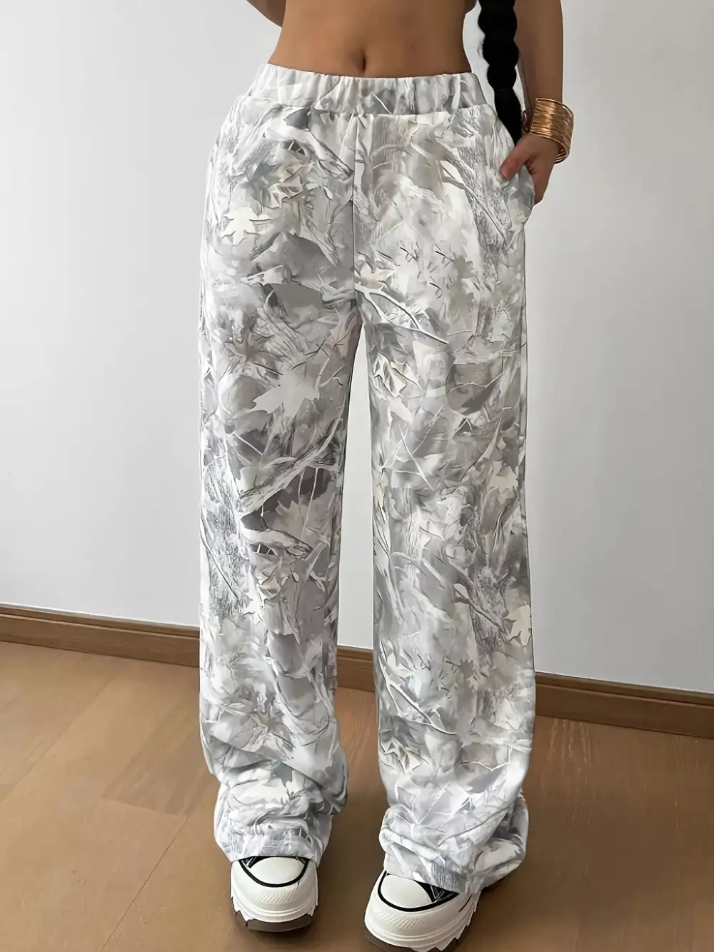 Abstract Print Wide Leg Pocketed Casual Pants
