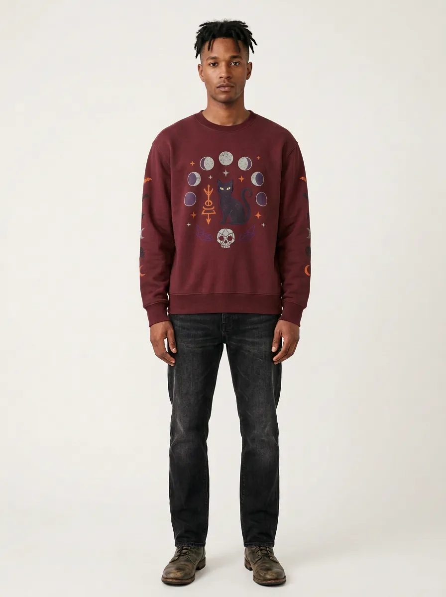 Men's Halloween Witchy Cat Moon Phases Skull Sweatshirt
