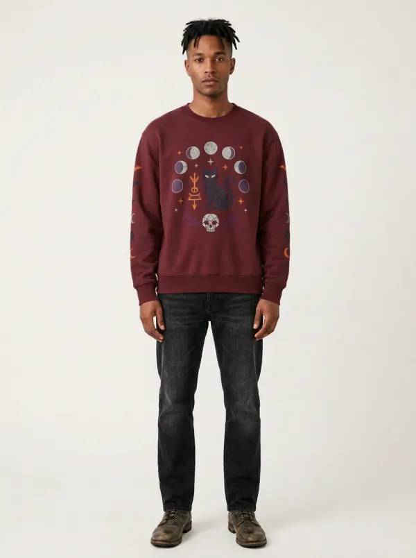 Men's Halloween Witchy Cat Moon Phases Skull Sweatshirt
