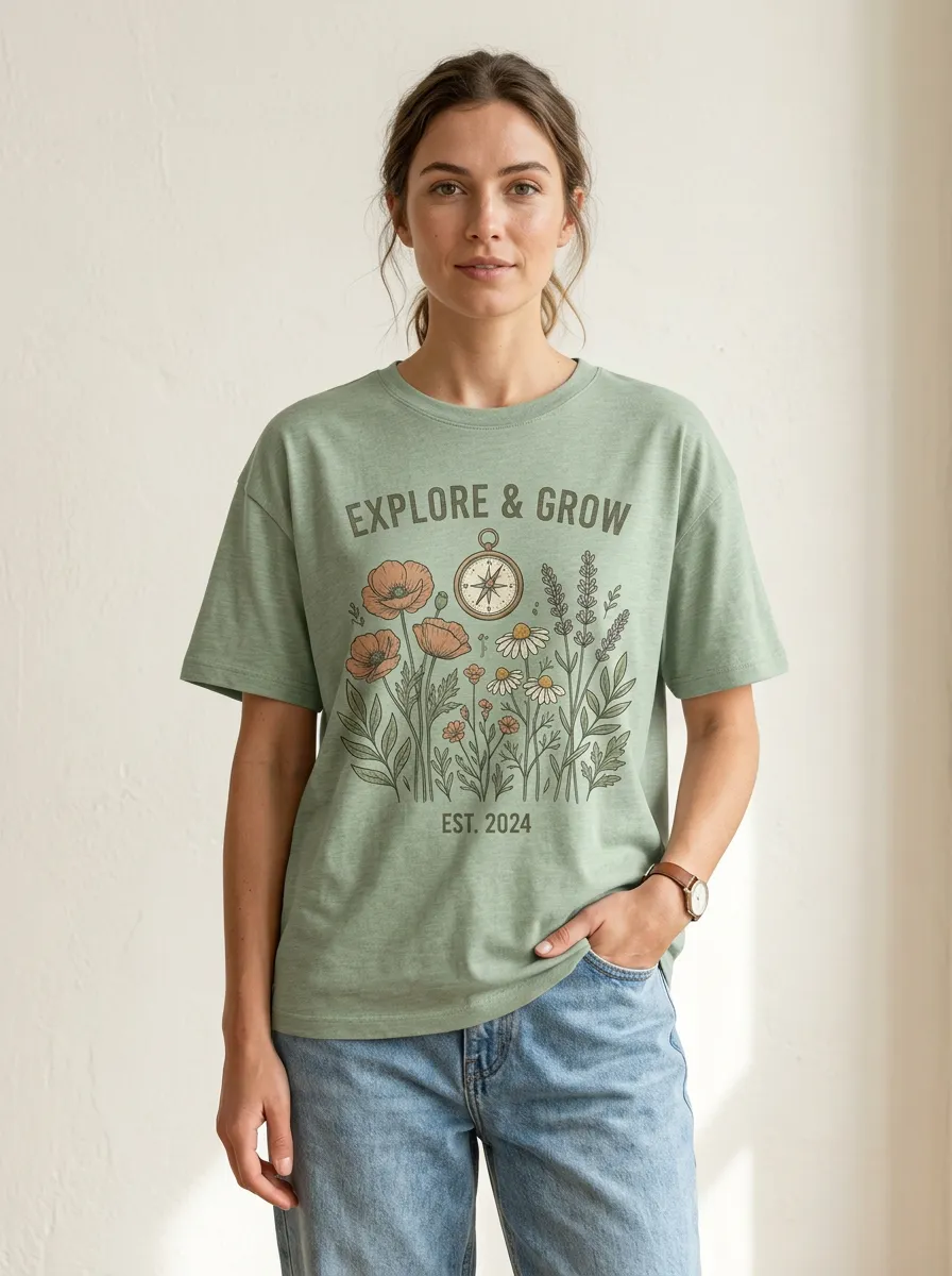 Nature Lover Explore And Grow Compass Floral T-Shirt