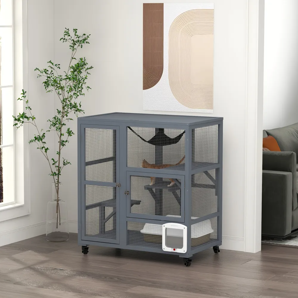 Multi-Level Cat Cage with Hammock and Litter Box, Cat Furniture for Indoor Play and Rest