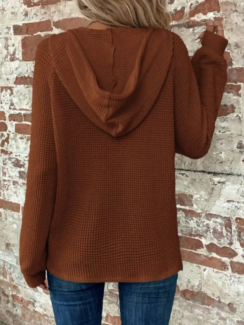 Drawstring Buttoned Pocketed Waffle-Textured Hoodie