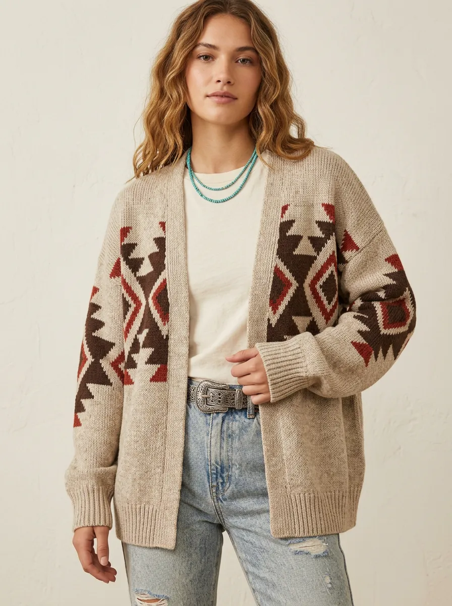 Women's Western B3 Aztec Geometric Pattern Printed Cardigan Sweater