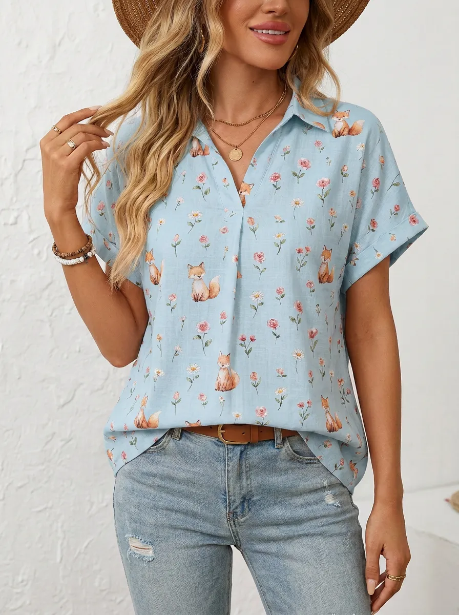 Fox Floral Nature Women's Loose Printed Blouse