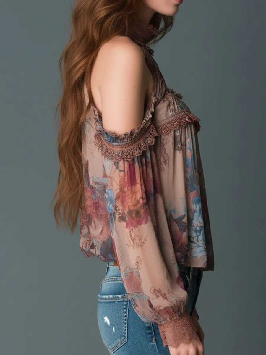 Boho Blush Floral Chiffon Cold-Shoulder Halter Blouse