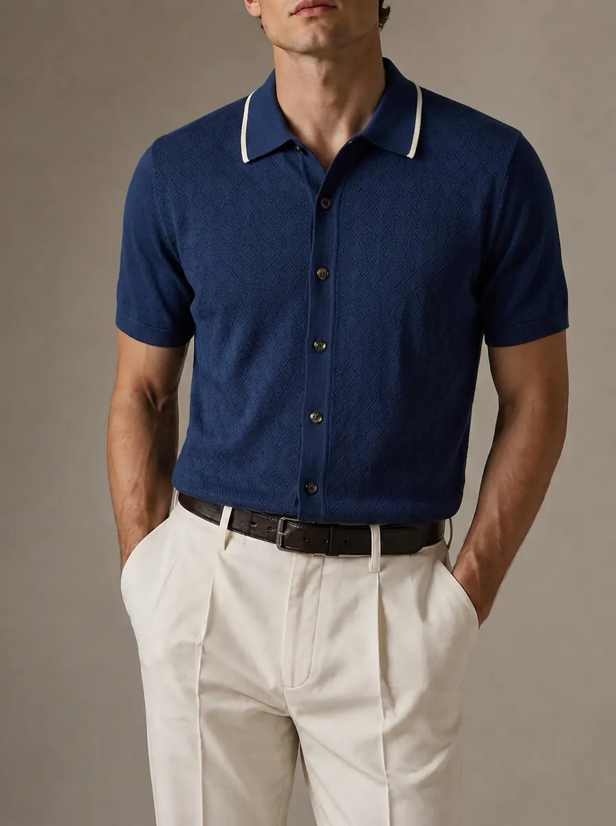 Men's Vintage Style Diamond Textured Knitted Polo Shirt
