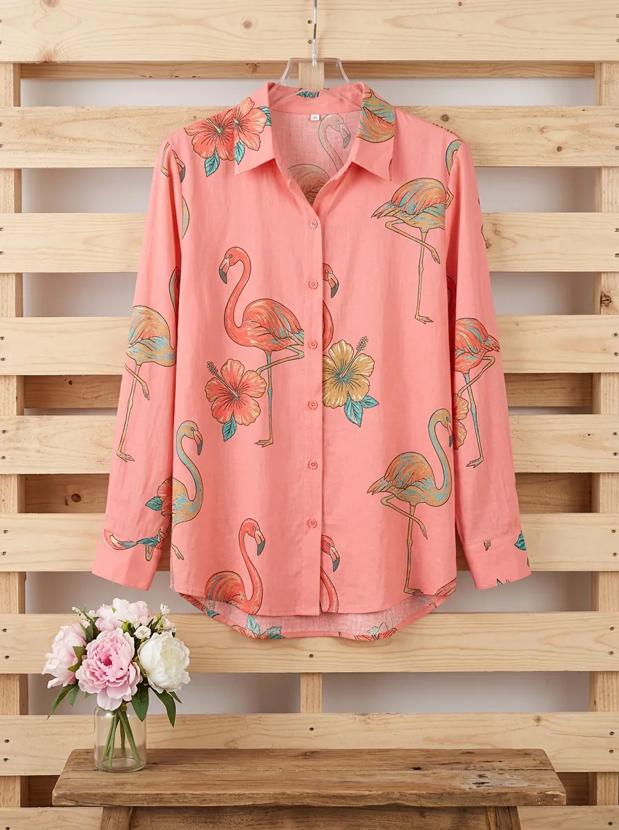 Flamingo Hibiscus Floral Women's Loose Printed Shirt