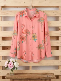 Flamingo Hibiscus Floral Women's Loose Printed Shirt
