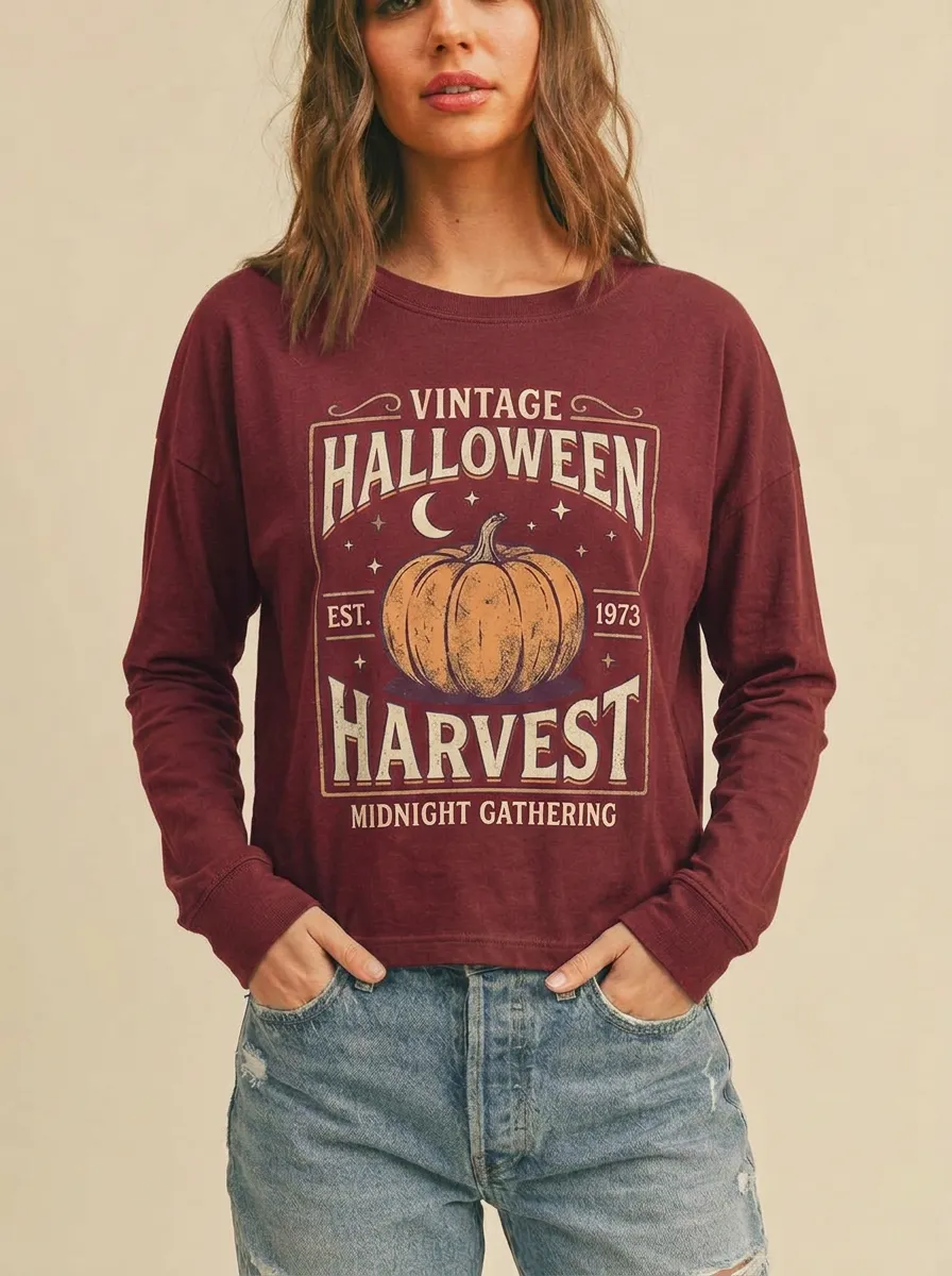 Women's Vintage Halloween Harvest Pumpkin Printed Long Sleeve Top