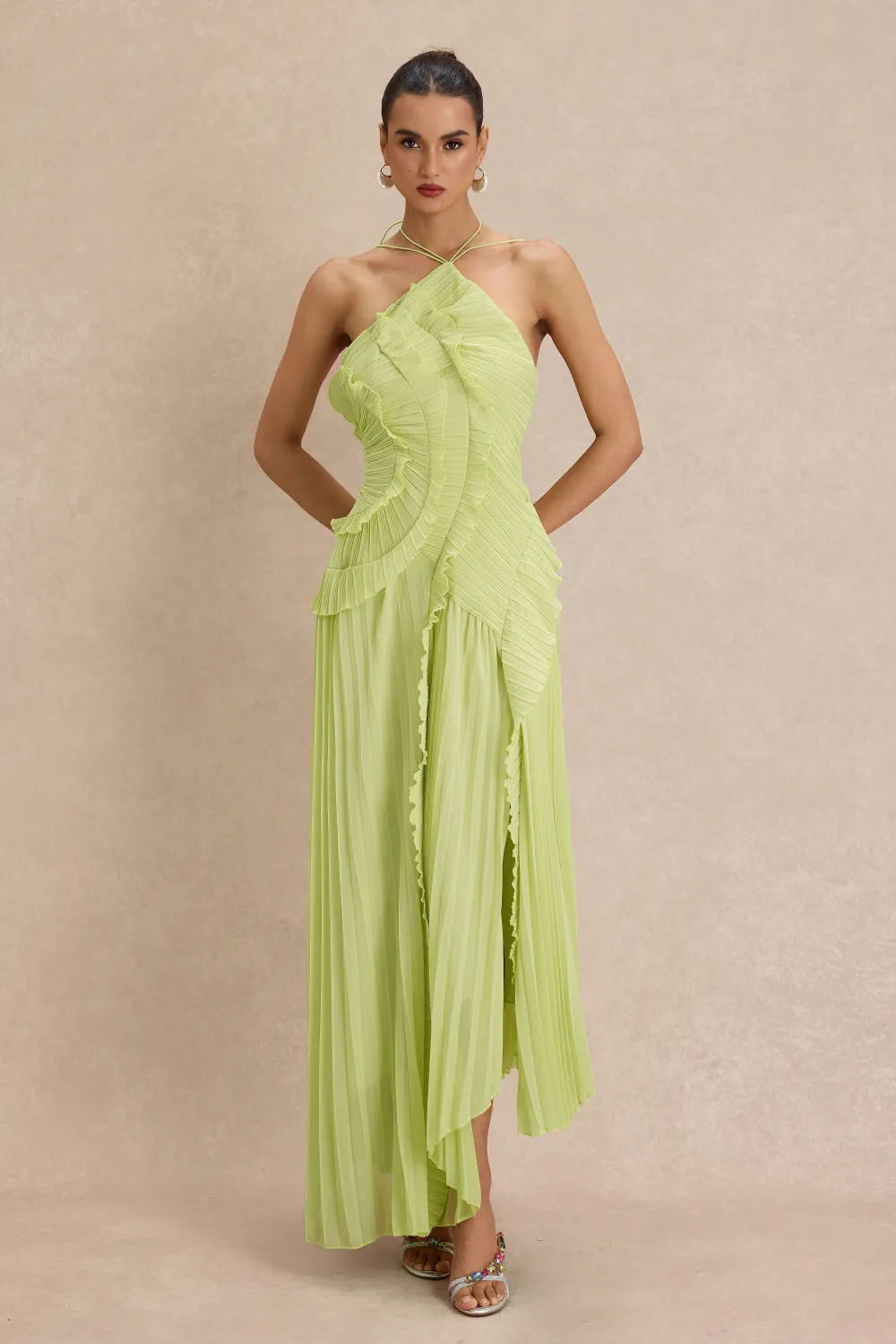 Pleated Frill Halter Neck Midi Dress