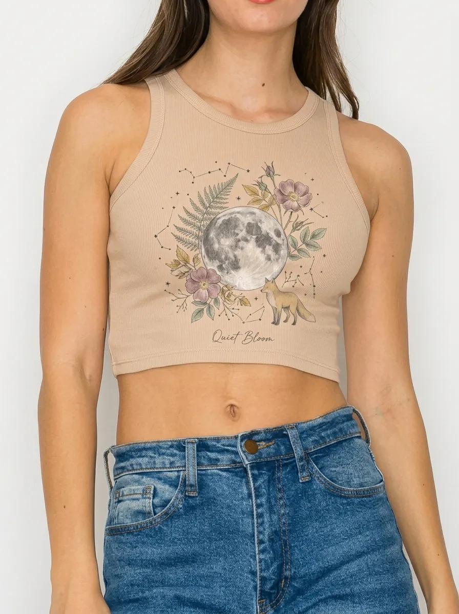 Women's Floral Moon Printed Ribbed Crop Top