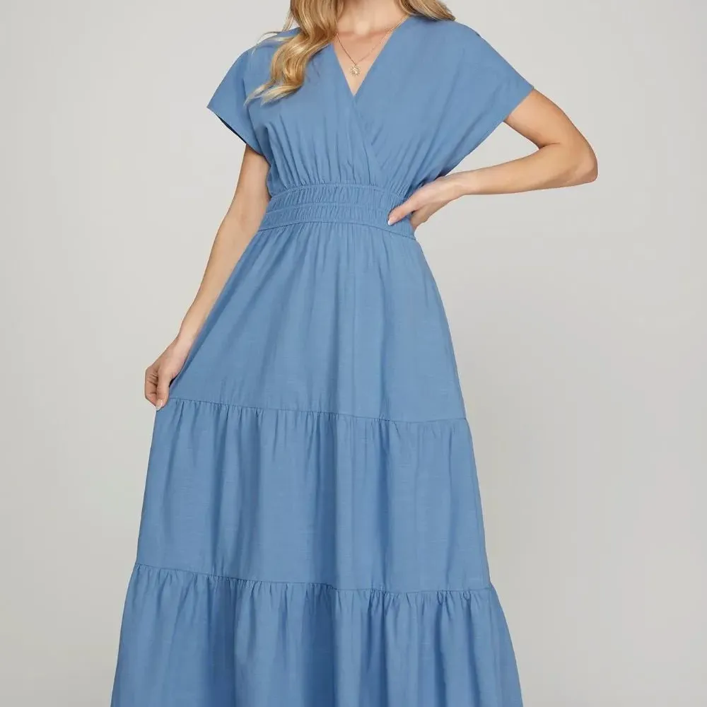 Surplice Short Sleeve Tiered Maxi Dress With Pockets