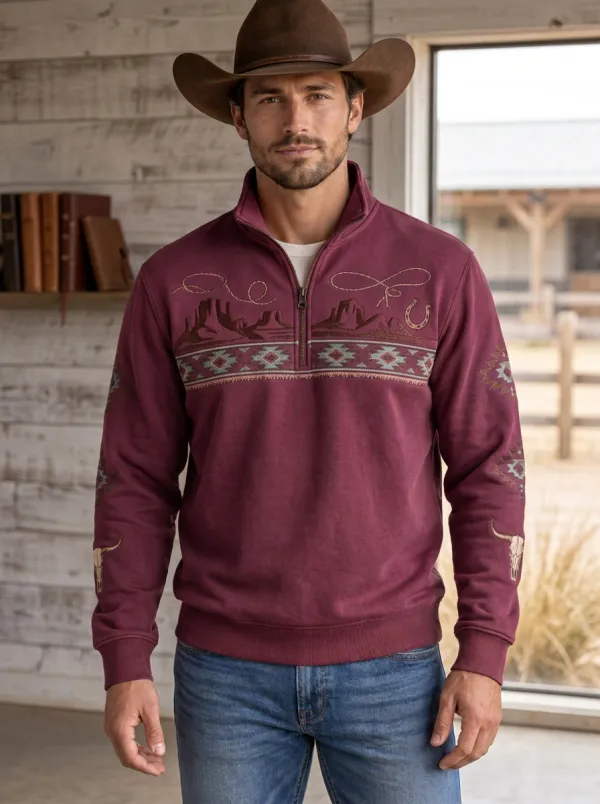 Men's Classic Western Cowboy Desert Half-Zip Sweatshirt