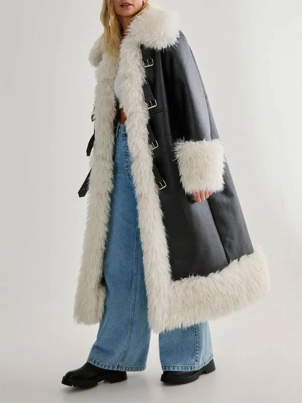 Women's Wide Faux Fur Collar & Leather Long Coat