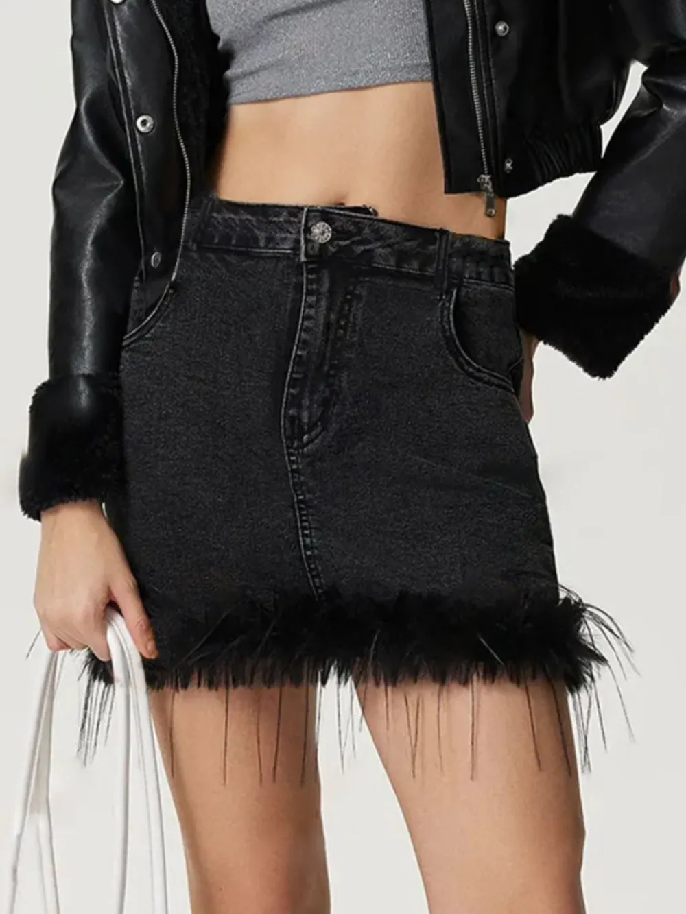 Fine Button Front Denim Detail Skirt