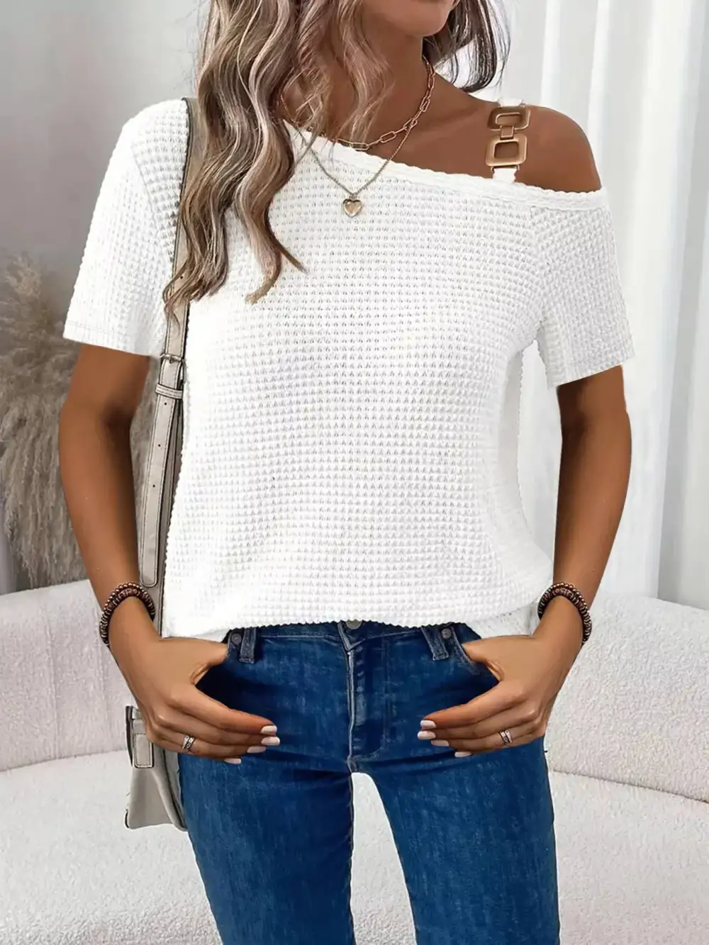 One Shoulder Chain Detail Waffle Knit Blouse