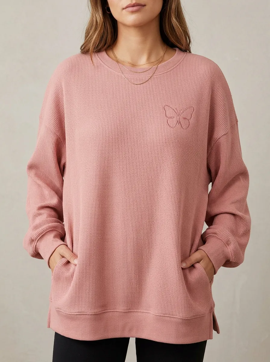 Women's Pink Butterfly Minimalist Embroidered Waffle Knit Sweatshirt