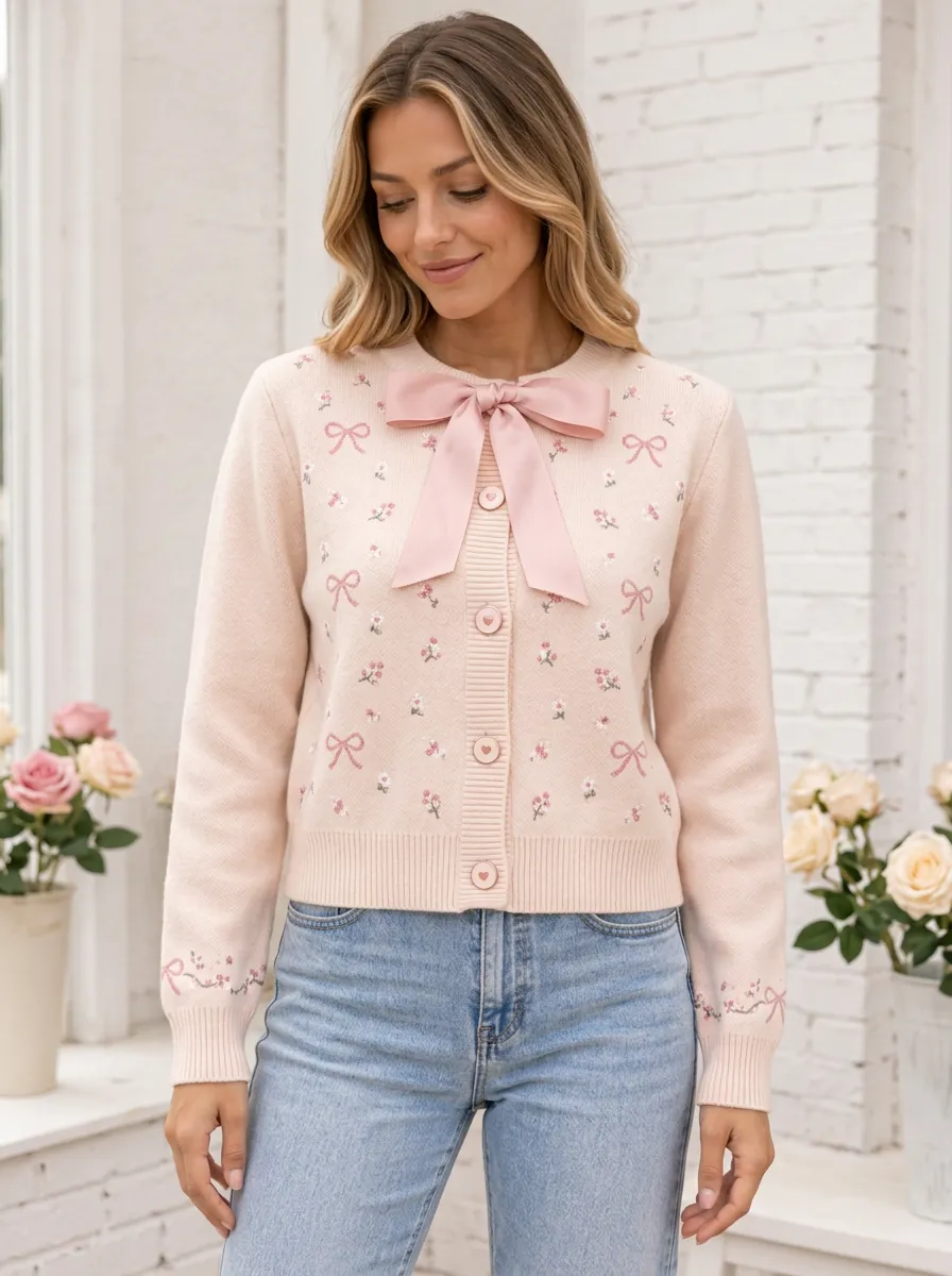 Women's Floral Coquette Ribbon Bow Printed Cardigan