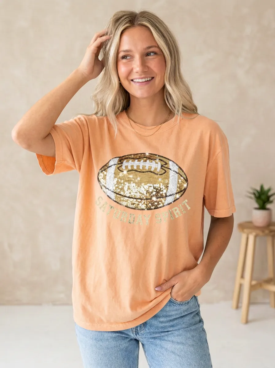Women's Game Day Inspired Football Ball Sequin Crew Neck Graphic T-Shirt