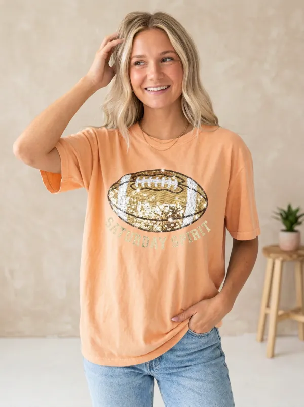 Women's Game Day Inspired Football Ball Sequin Crew Neck Graphic T-Shirt