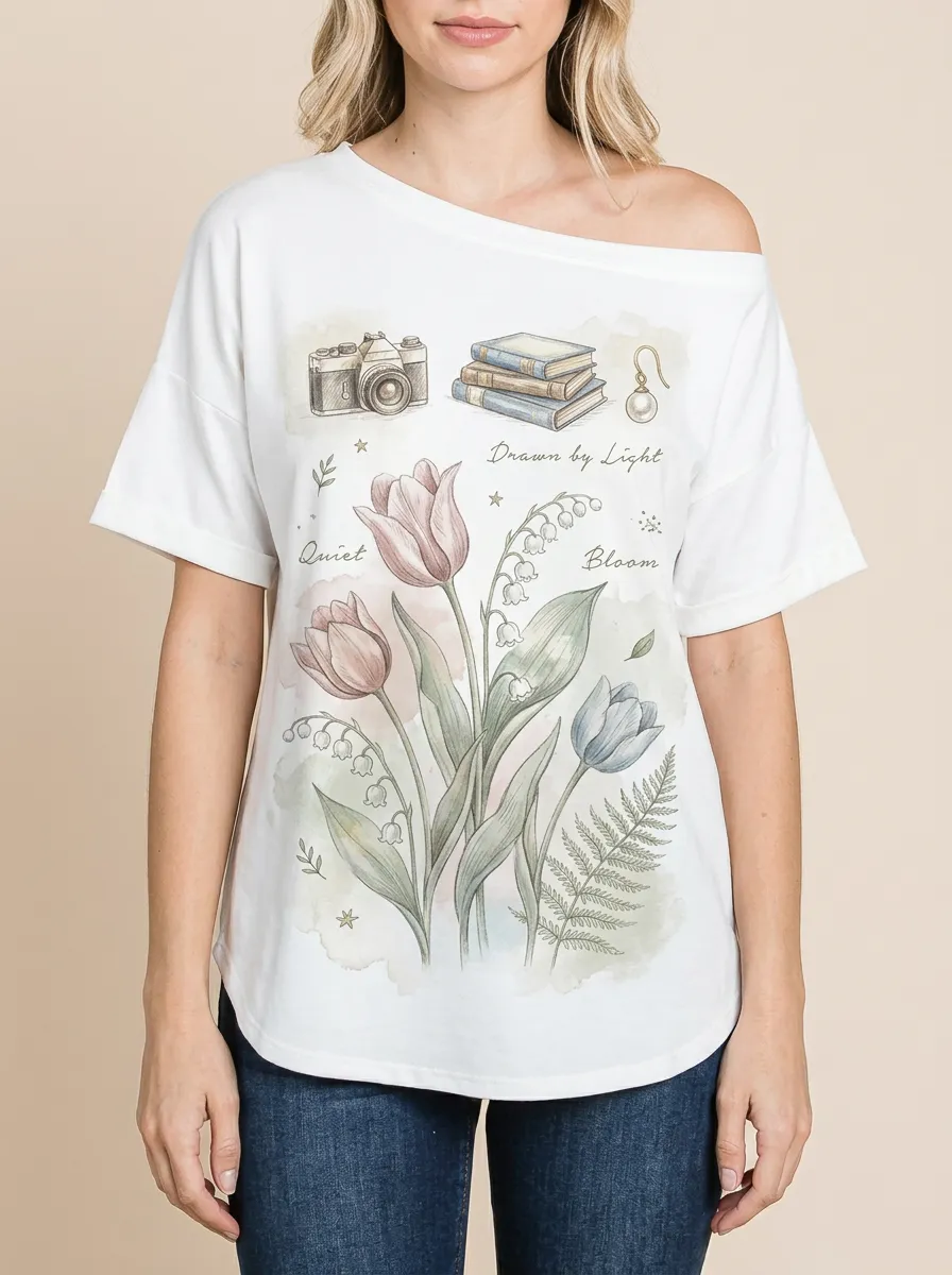Women's Floral Photography Book Lover Printed T-shirt
