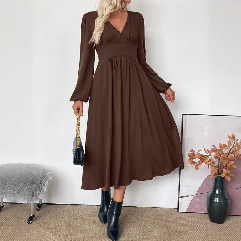 Women's V-Neck Long-Sleeve Pocketed Maxi Dress