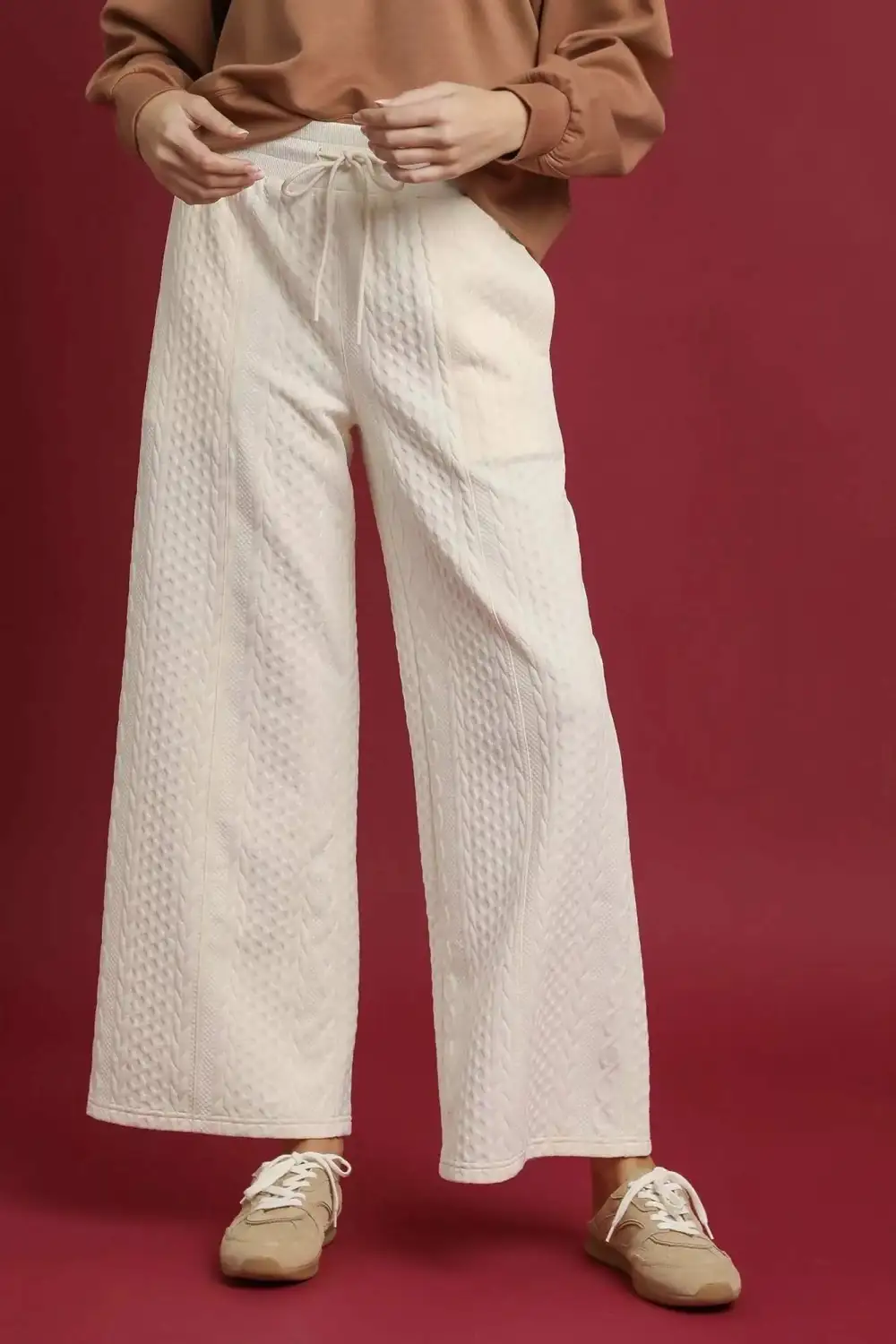 Wide Leg Textured Knit Loose Fit Pants